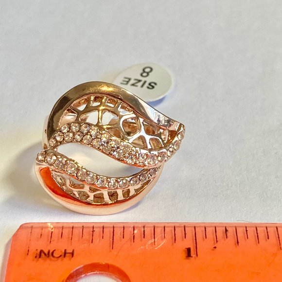 Art Deco Cocktail Ring Size 8 9 Rose Gold Plated Filigree Crystal Vintage Style - Picture 10 of 10